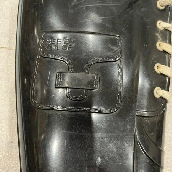 [37/7]See By Chloe white Lace Up Black Rain Boots - Picture 6 of 9